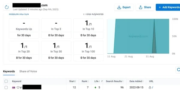 Analytics data showing website ranking improvement from page 2 to position 7 within one month for a highly competitive keyword using 20 backlinks