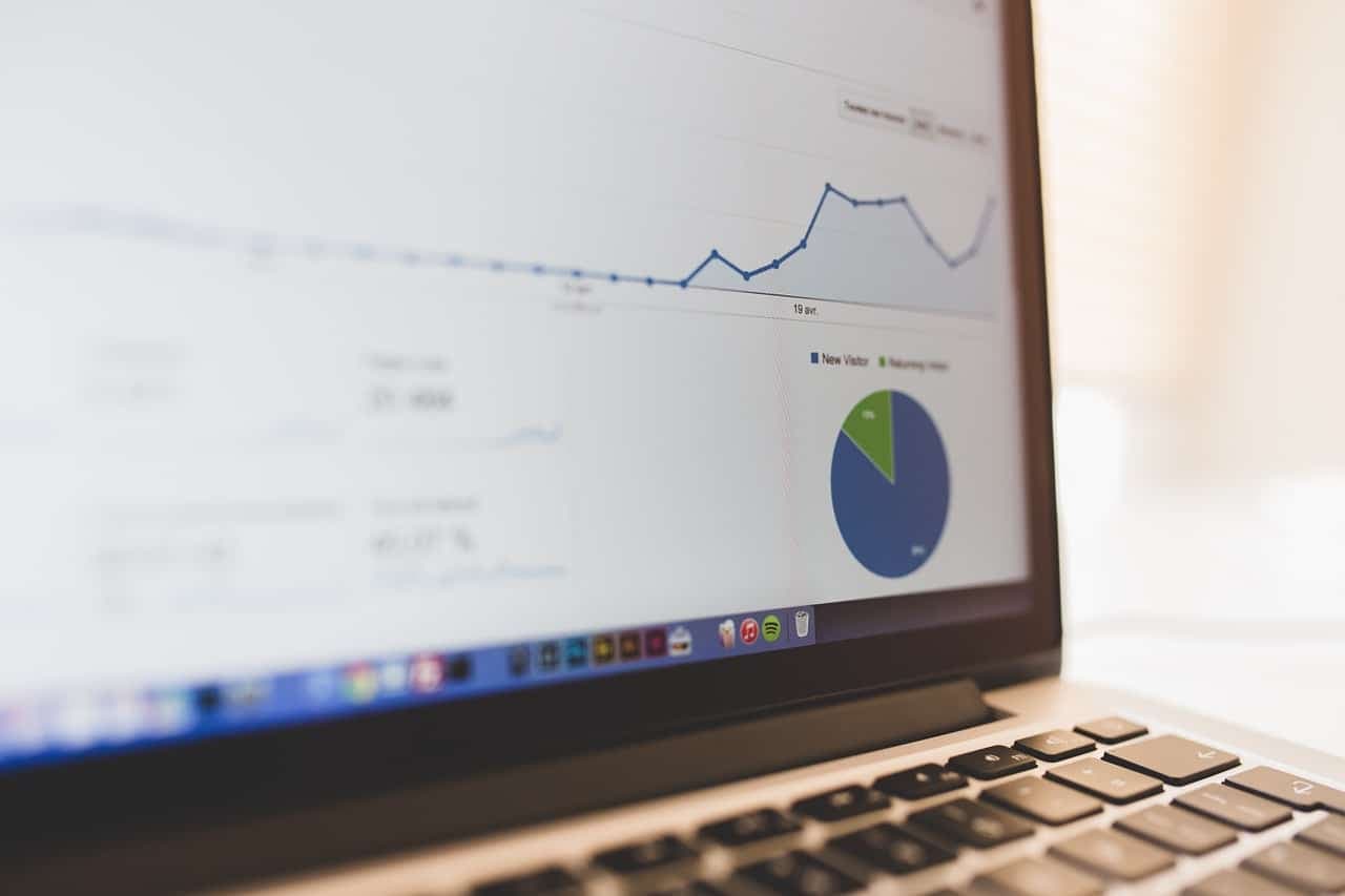 Laptop displaying Google Analytics dashboard showing website performance metrics and statistics